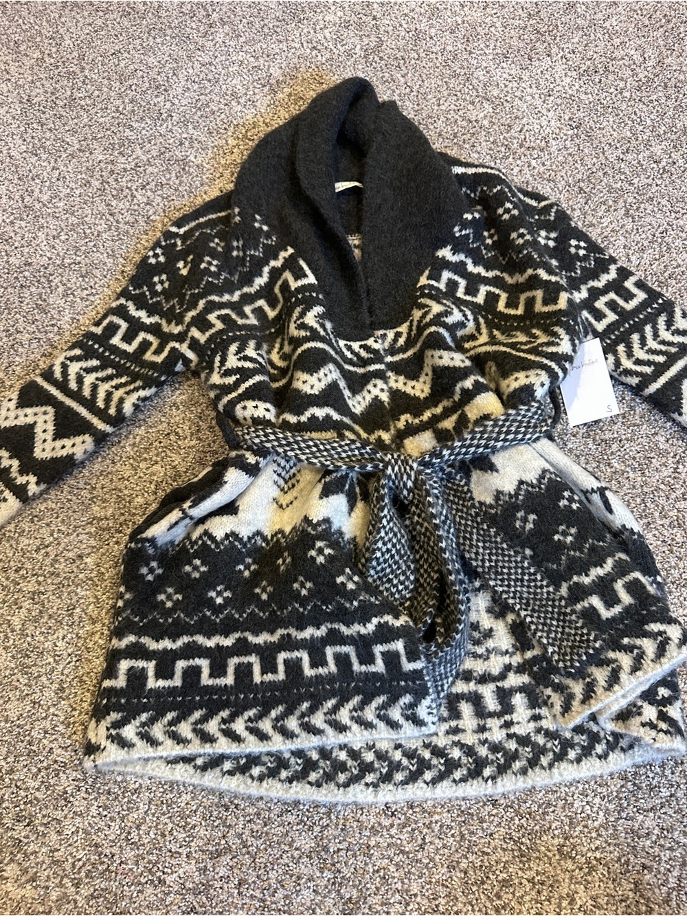 Very J Black & Cream Nordic Shawl-Collar Belted Turtleneck Sweater